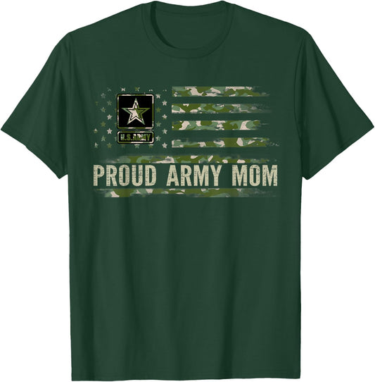 Vintage Proud Army Mom Camo American Flag Veteran Gift T-Shirt - T-Shirt | Forest