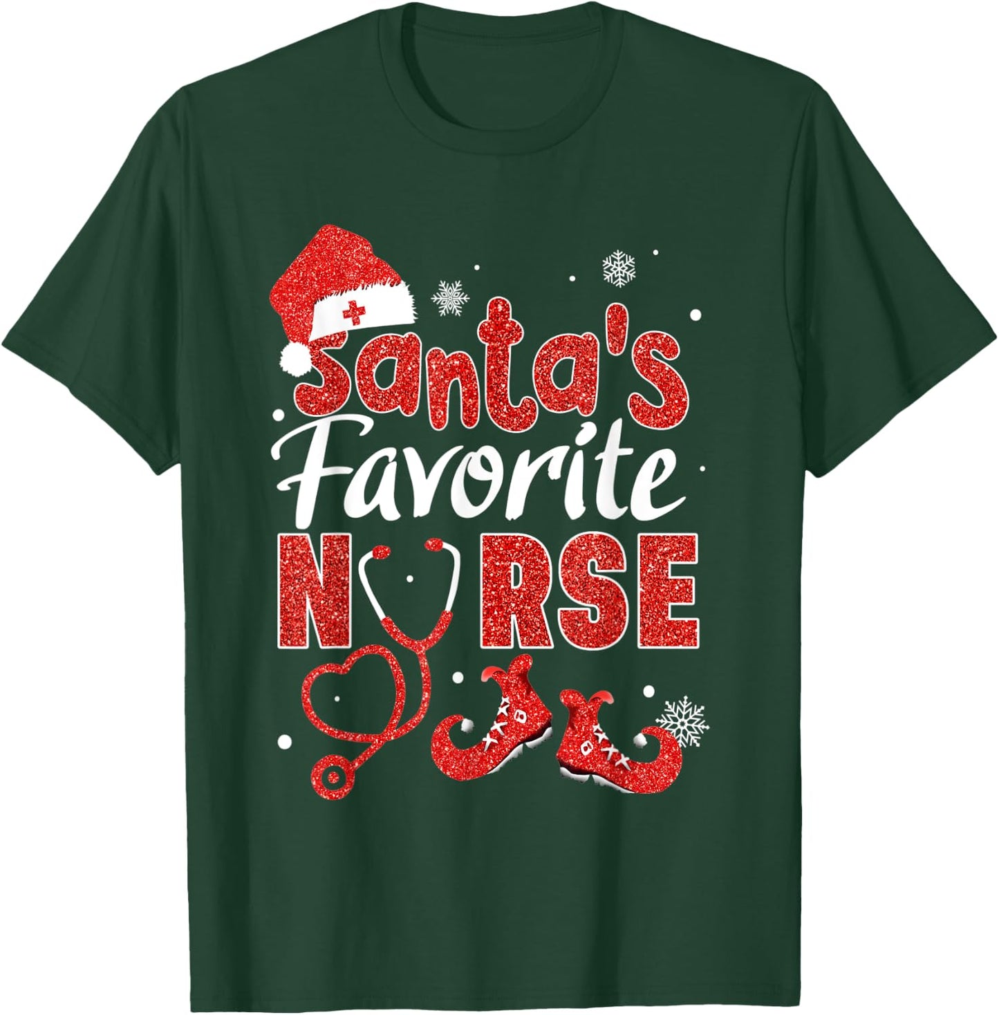 Santa's Favorite Nurse Red Glitter Christmas Pajamas Xmas T-Shirt - T-Shirt | Forest