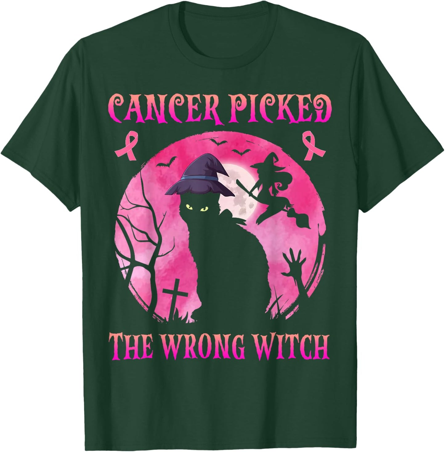 Cancer Picked The Wrong Witch Breast Cancer Halloween Cat T-Shirt - T-Shirt | Forest