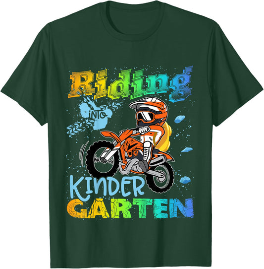 Riding Into Kindergarten Dirt Bike Backpack For Boys Girls T-Shirt - T-Shirt | Forest