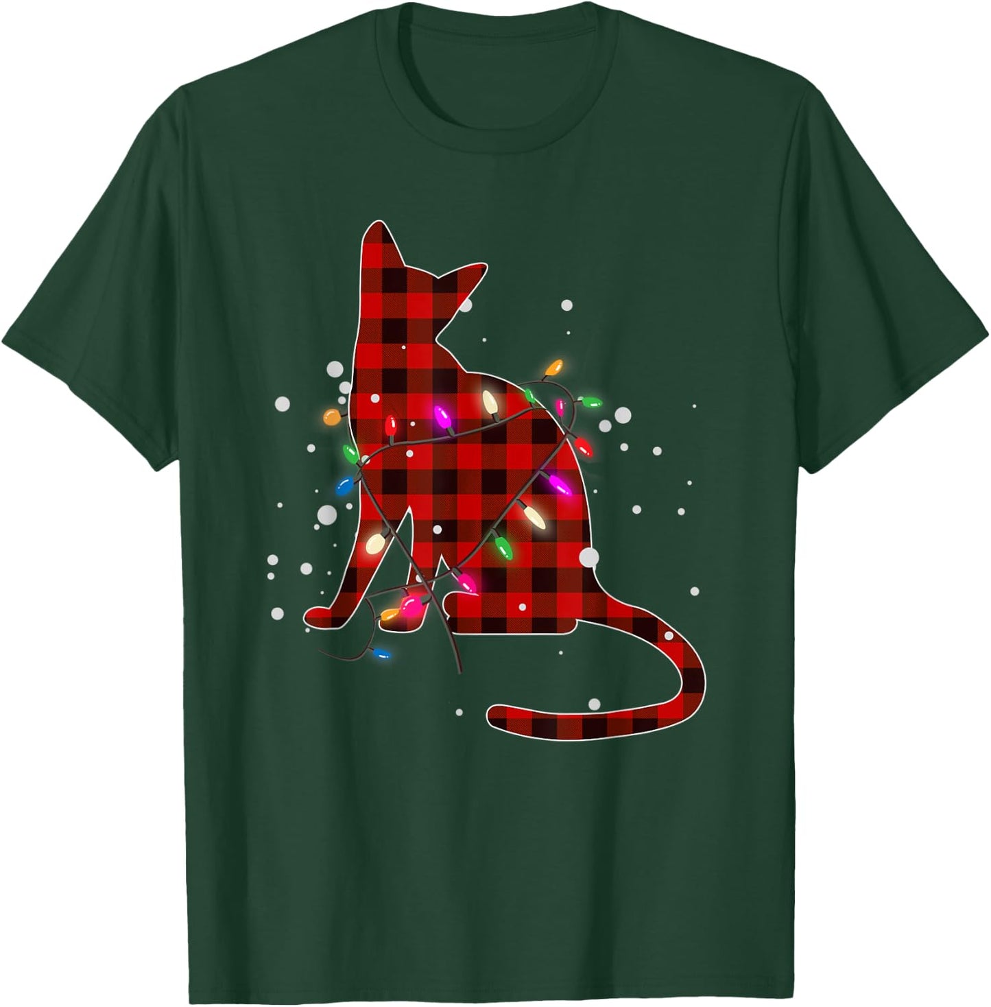Red Buffalo Plaid Cat Christmas Pajamas Xmas Tree Lights Women Kids T-Shirt - T-Shirt | Forest