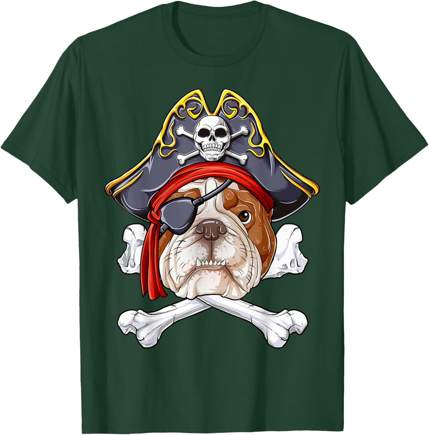 English Bulldog Pirate Jolly Roger Flag Skull Crossbones T-Shirt - T-Shirt | Forest