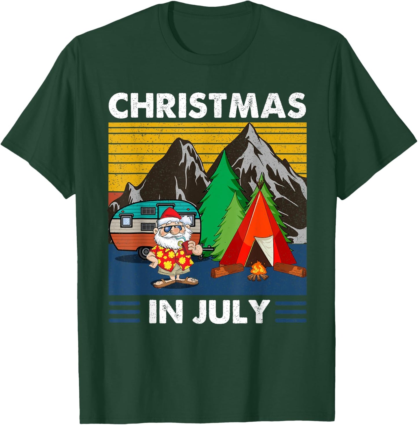 Vintage Santa with Camping Tent Fire Camp Christmas in July T-Shirt - T-Shirt | Forest