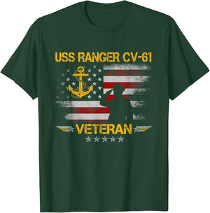 USS Ranger CV-61 Aircraft Carrier Veteran Flag Veterans Day T-Shirt - T-Shirt | Forest