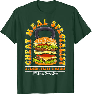 Cheat Meal Specialist Quote Burger Kettlebell Fitness Funny T-Shirt - T-Shirt | Forest