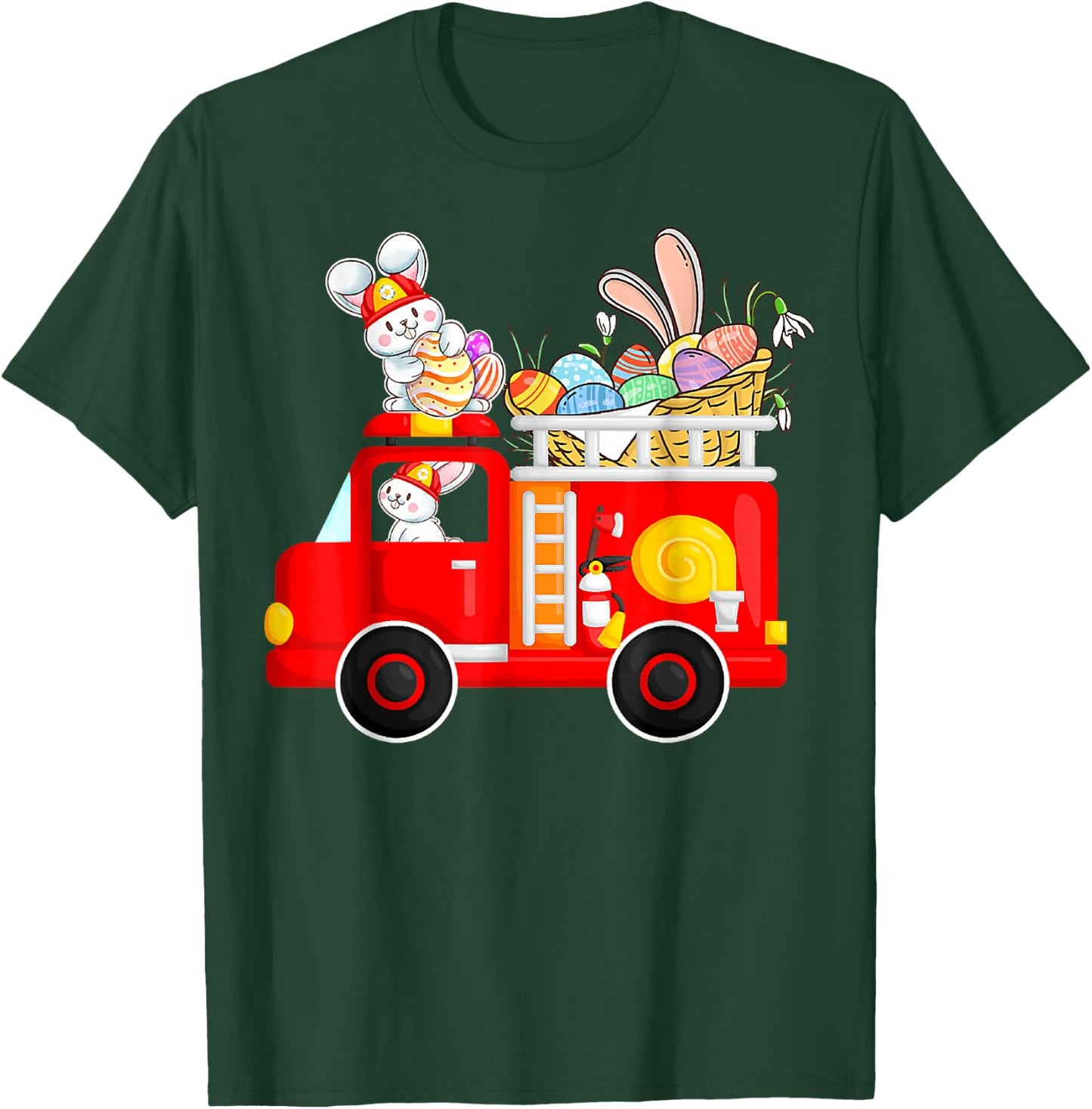 Bunny Riding Firetruck Easter Day Firefighter Happy Easter T-Shirt - T-Shirt | Forest