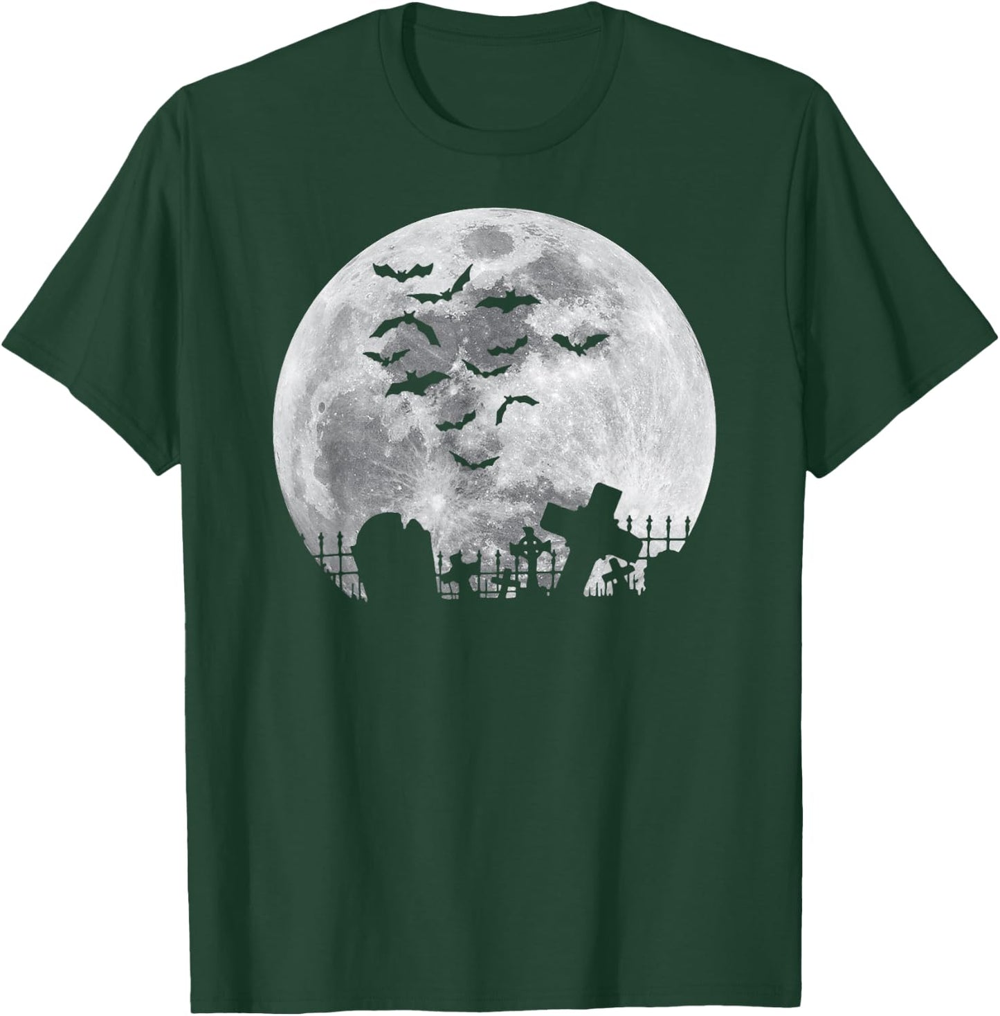 Halloween Full Moon Cemetery Graveyard Spooky Bats Night T-Shirt - T-Shirt | Forest