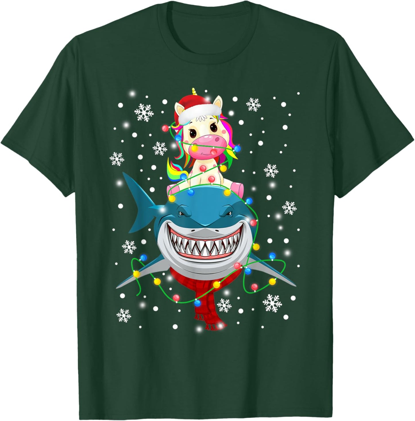 Unicorn Riding Shark Christmas Lights Gift Kids Boy Girl T-Shirt - T-Shirt | Forest