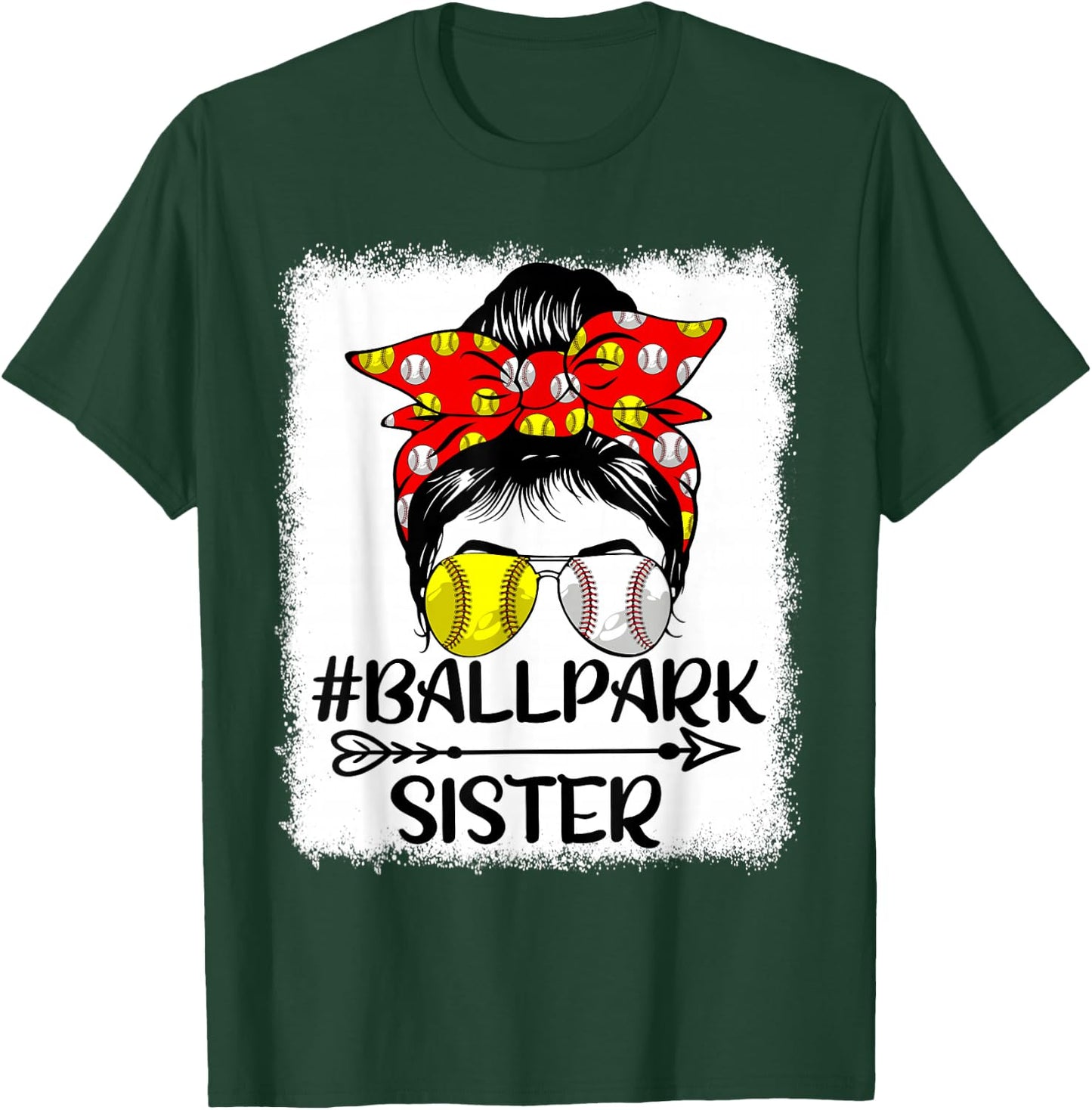 Messy Bun Hair BallPark Sister Softball Baseball Mothers Day T-Shirt - T-Shirt | Forest