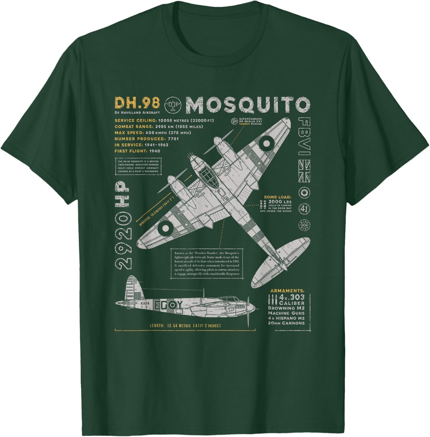 de Havilland Mosquito Fighter Bomber | British WW2 RAF DH.98 T-Shirt - T-Shirt | Forest