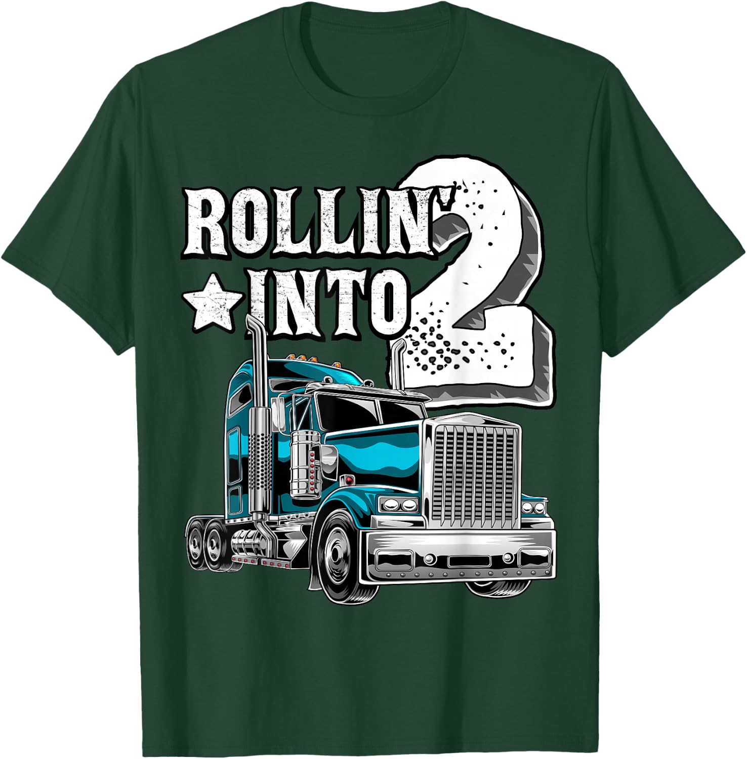 Rollin into 2 Big Rig Semi-Trailer Truck 2nd Birthday Gift T-Shirt - T-Shirt | Forest