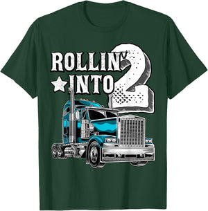 Rollin into 2 Big Rig Semi-Trailer Truck 2nd Birthday Gift T-Shirt - T-Shirt | Forest
