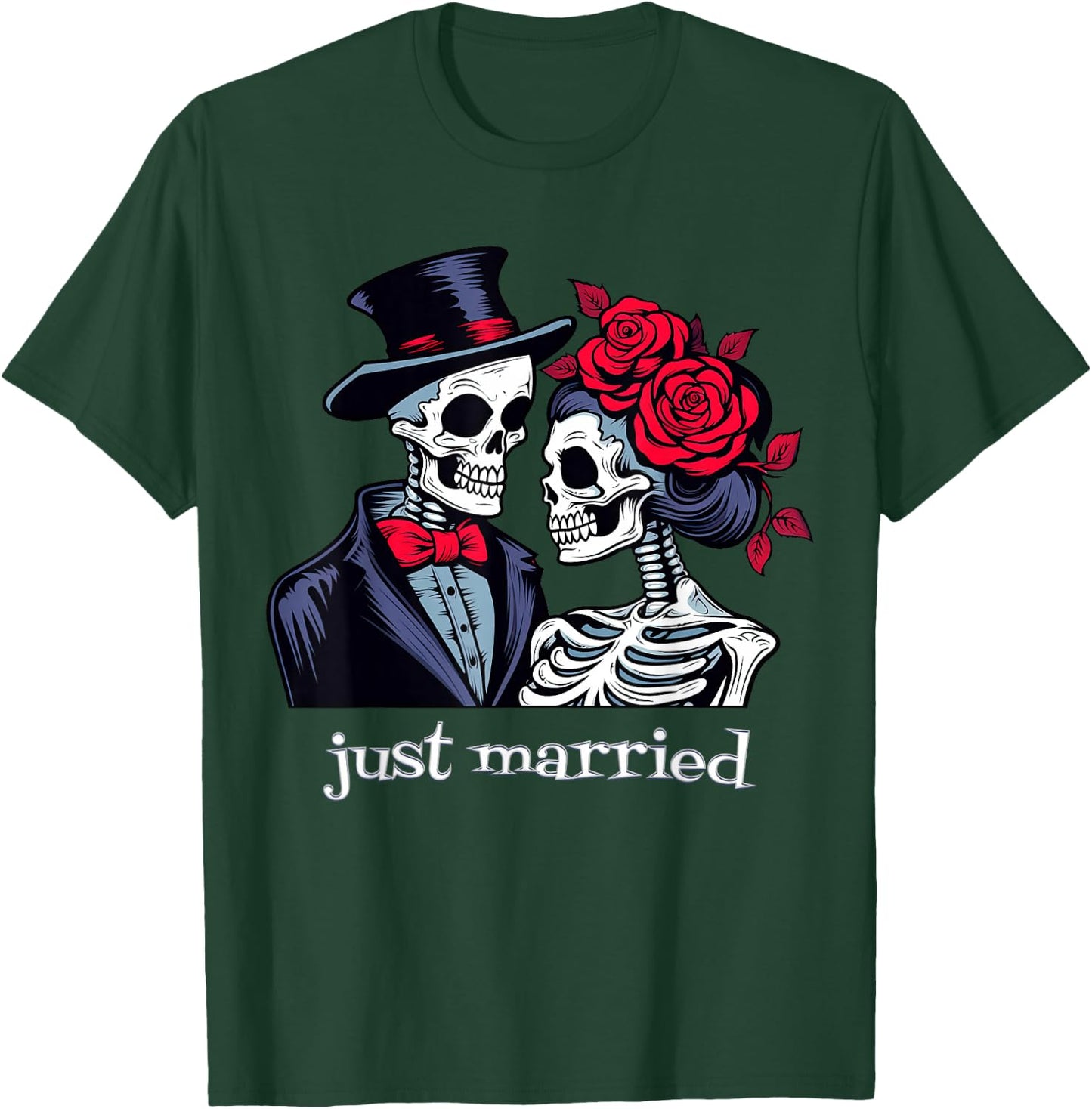 Roses Skeleton Bride & Groom, Just Married Elope Halloween T-Shirt - T-Shirt | Forest