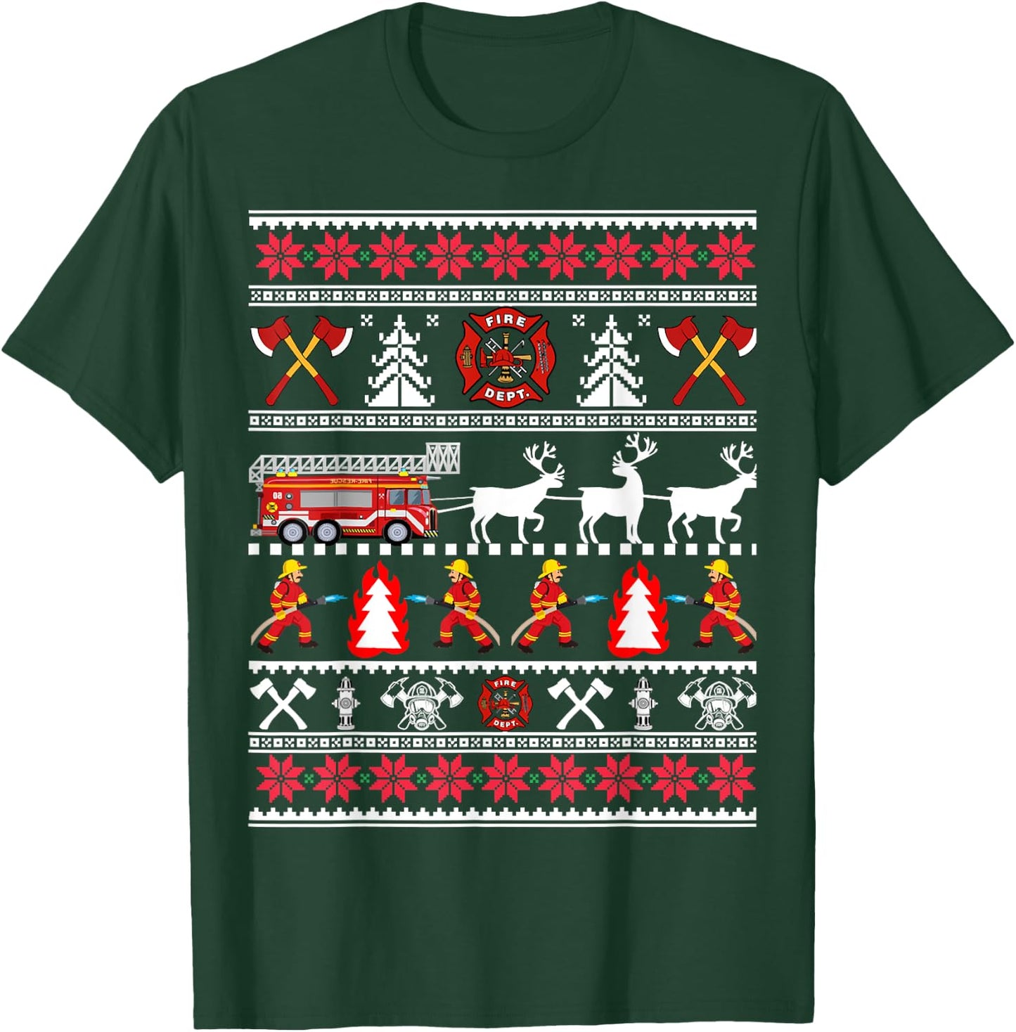 Firefighter Ugly Christmas Sweater, Fireman Fire Department T-Shirt - T-Shirt | Forest