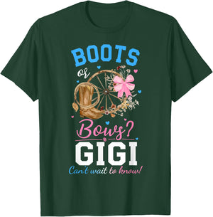 Boots or Bows Gender Reveal Party Announcement Gigi Grandma T-Shirt - T-Shirt | Forest
