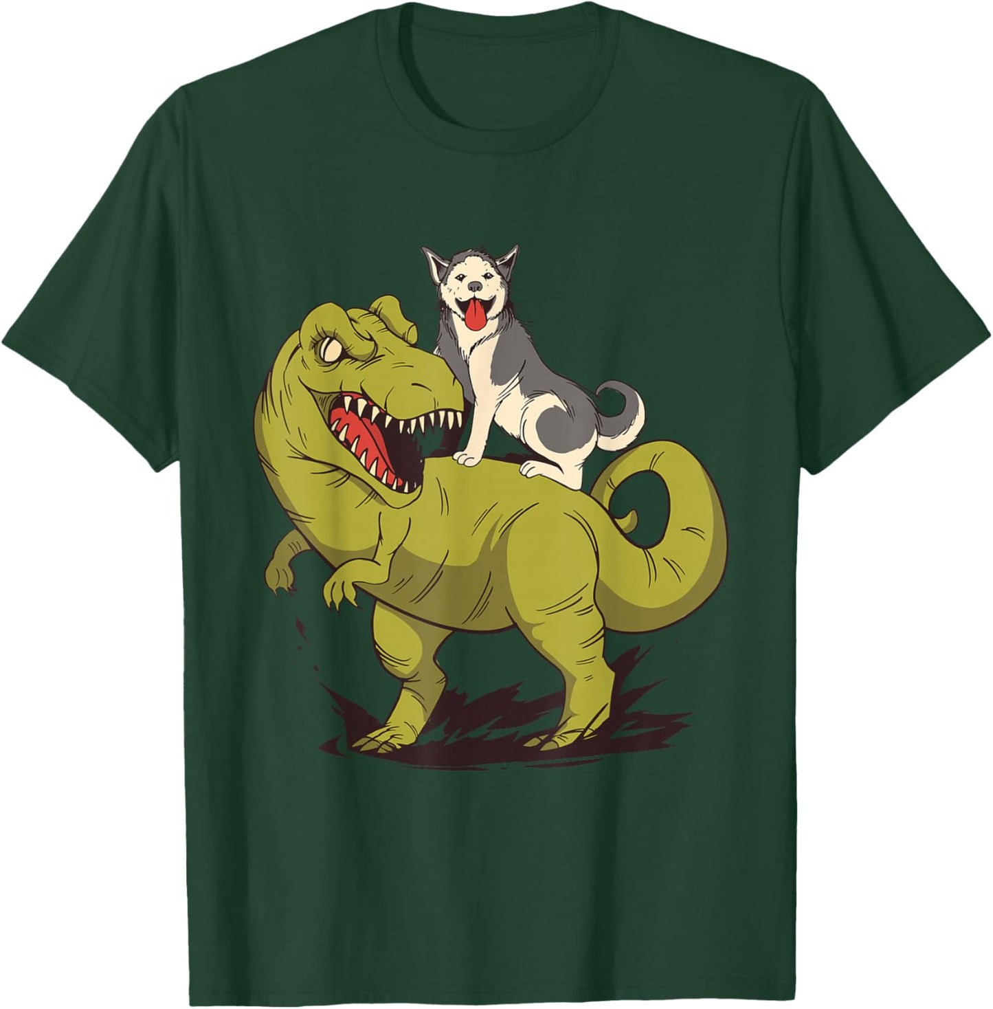 Funny Siberian Husky Dog Riding Dinosaur T-Shirt - T-Shirt | Forest