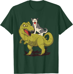 Funny Siberian Husky Dog Riding Dinosaur T-Shirt - T-Shirt | Forest