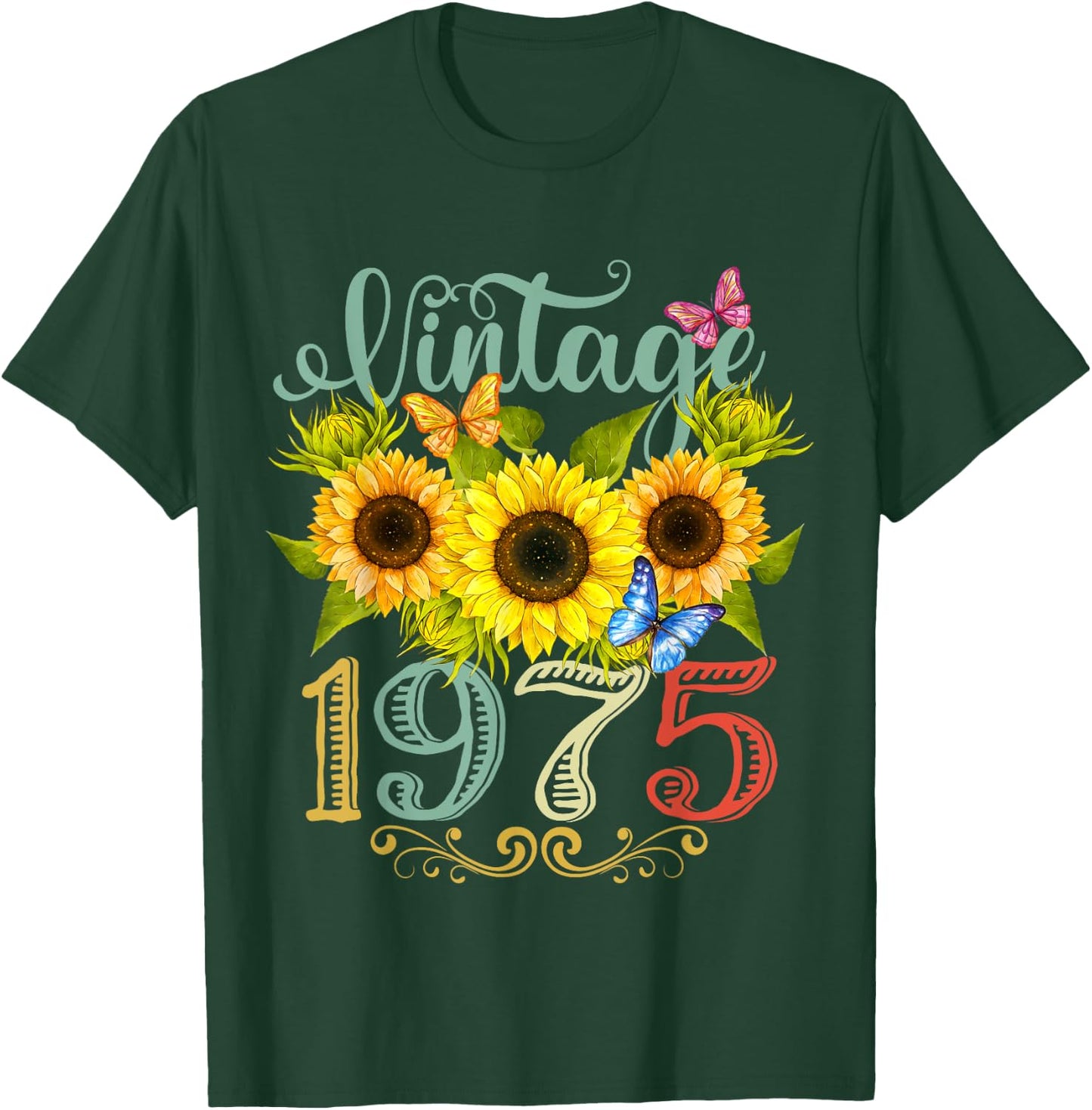 Sunflower Floral Butterfly Vintage 1975 Funny 50th Birthday T-Shirt - T-Shirt | Forest