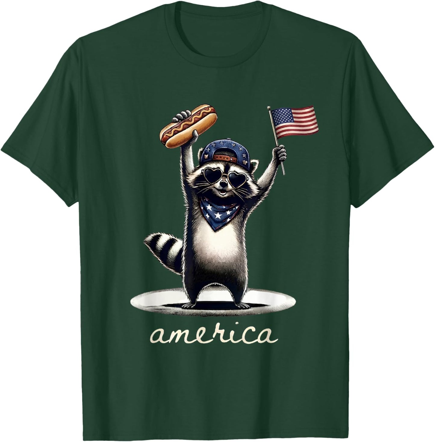 4th of July America Raccoon Holding Hotdog and US Flag T-Shirt - T-Shirt | Forest