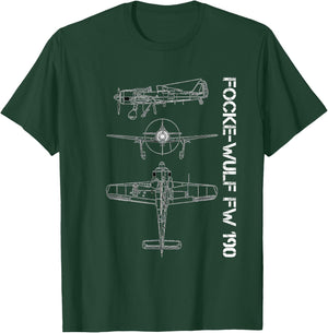 Focke-Wulf Fw 190 Fighter Aircraft Aviation Blueprint T-Shirt - T-Shirt | Forest