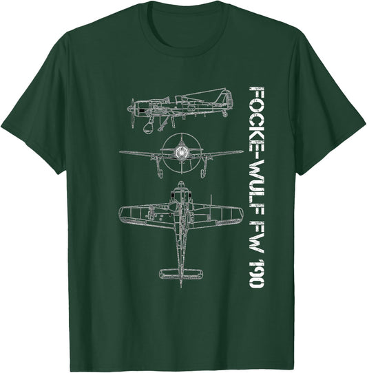 Focke-Wulf Fw 190 Fighter Aircraft Aviation Blueprint T-Shirt - T-Shirt | Forest