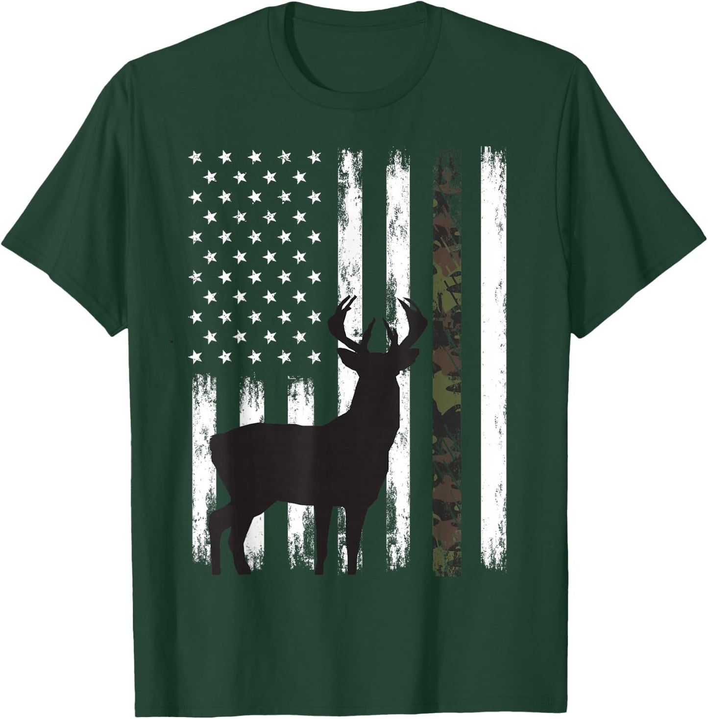 Whitetail Deer Hunting Hunter Buck Camo American Flag USA T-Shirt - T-Shirt | Forest