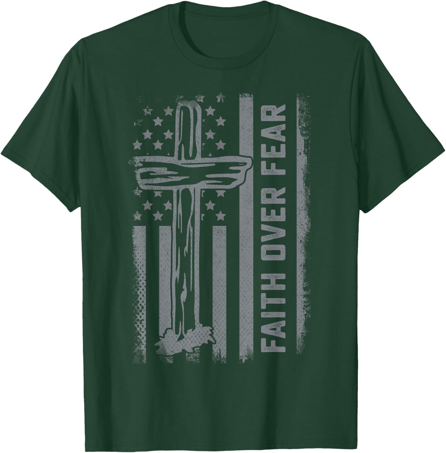 Christian US Flag Cross Faith Over Fear Men Women Kids T-Shirt - T-Shirt | Forest