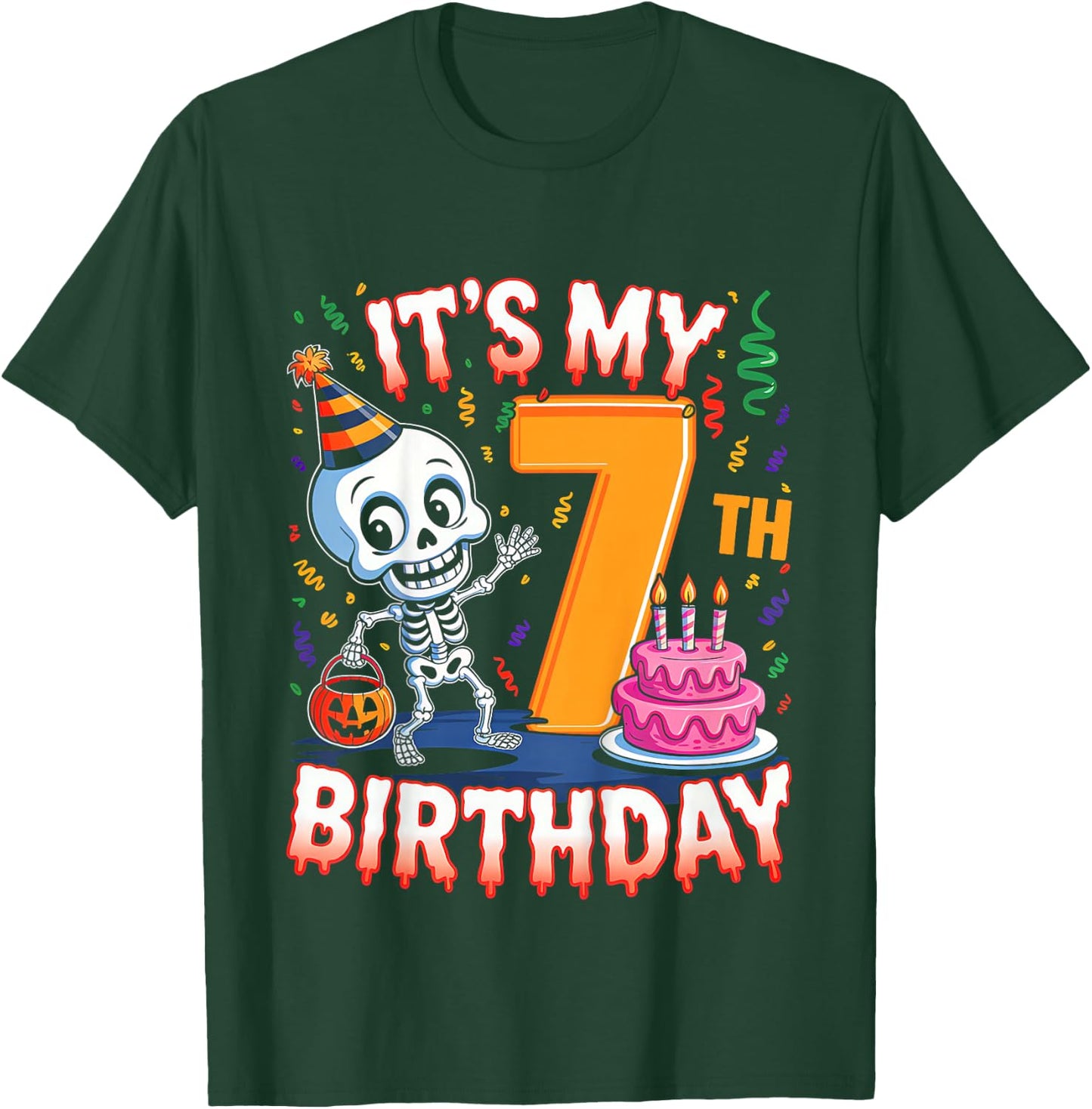 Kids Boo It's My 7th Birthday Halloween Skeleton 7 Years Old T-Shirt - T-Shirt | Forest