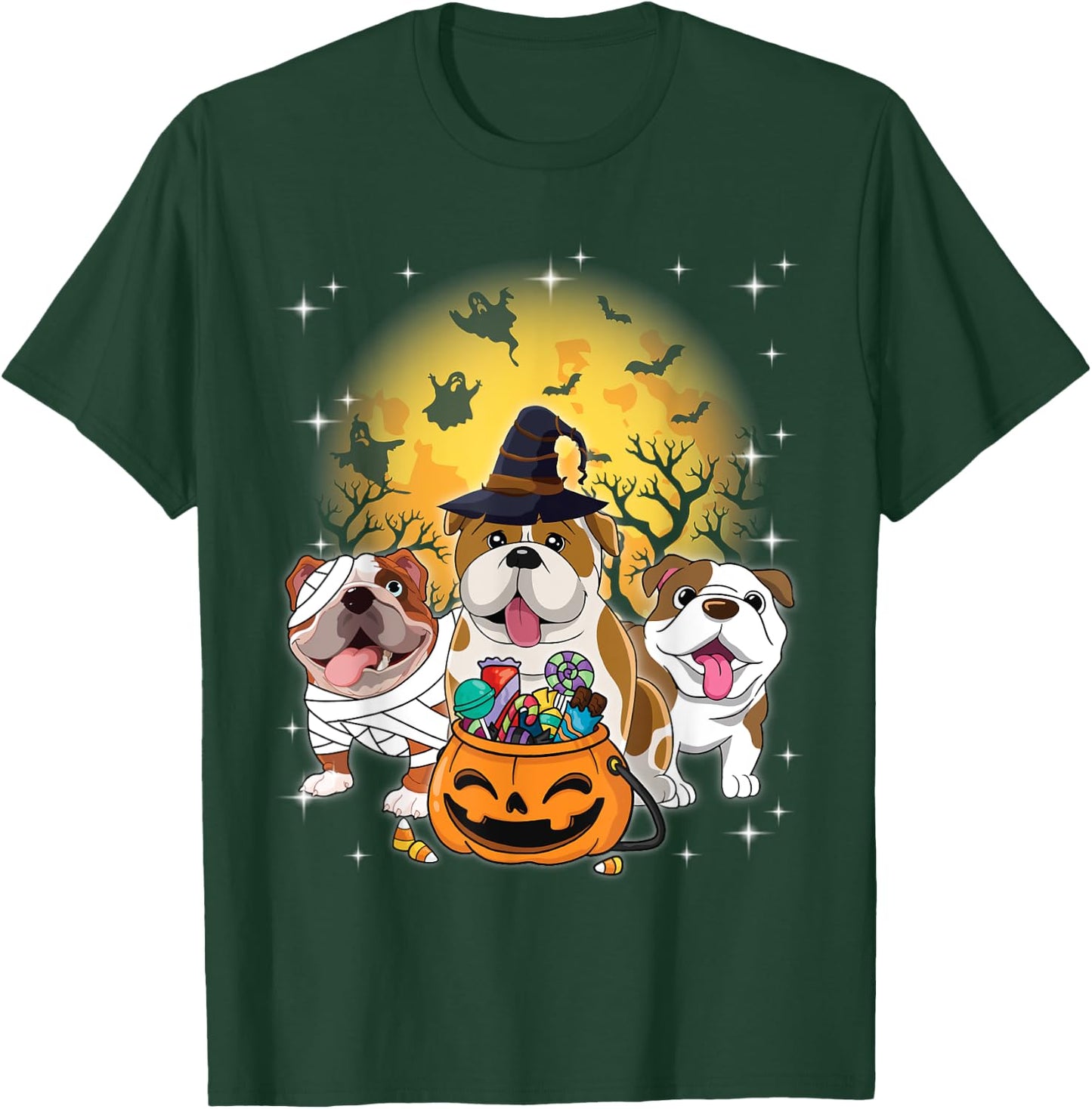 English Bulldog Mummy Witch Dog Moon Ghosts Halloween Day Women Kids T-Shirt - T-Shirt | Forest