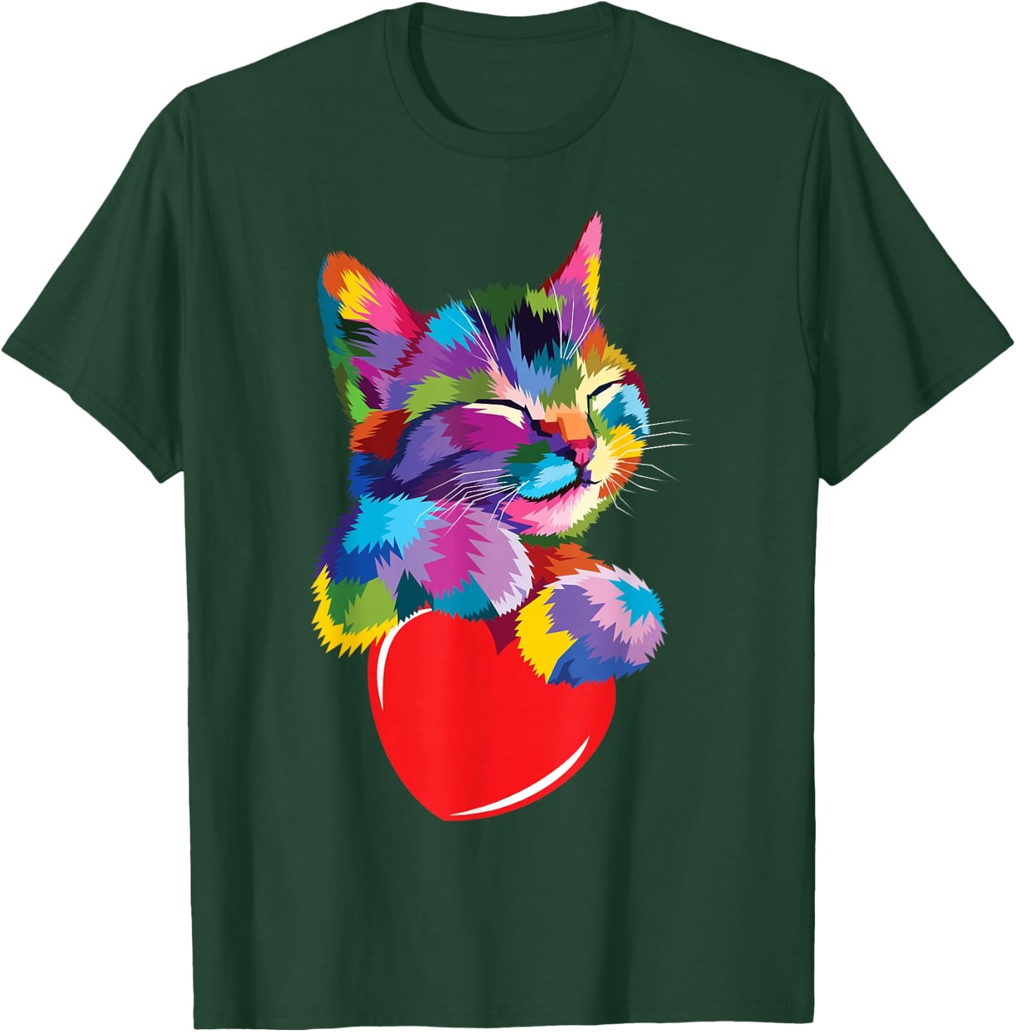 Color Critters Rainbow Cute Cat Hugging Valentine Heart Kitty Love Cat Adult Multicolor Cotton 65% Polyester 35% Short Sleeve T-Shirt - T-Shirt | Forest