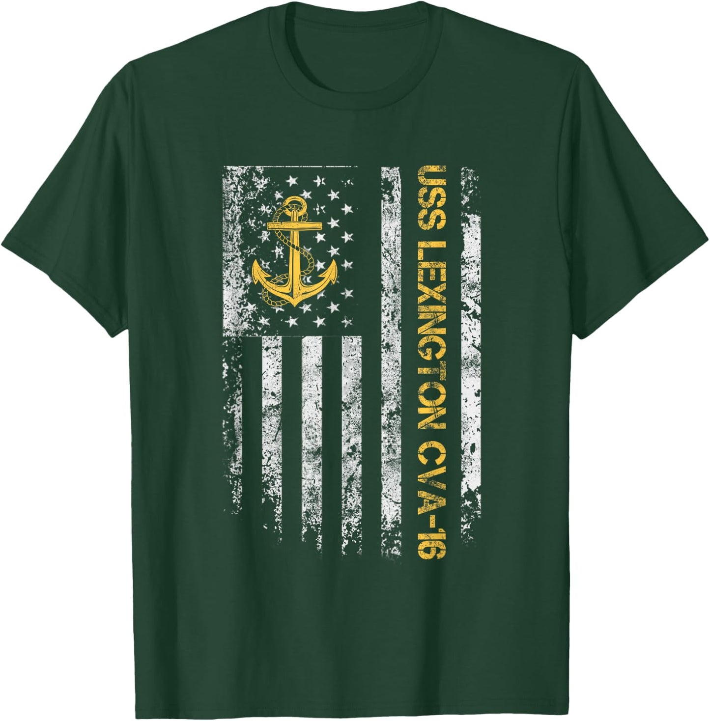 USS Lexington CVA-16 Aircraft Carrier American Flag Veteran T-Shirt - T-Shirt | Forest