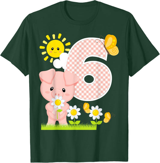 Pig 6th Birthday Girl 6 Year Old Birthday Cute Piglet Bday T-Shirt - T-Shirt | Forest