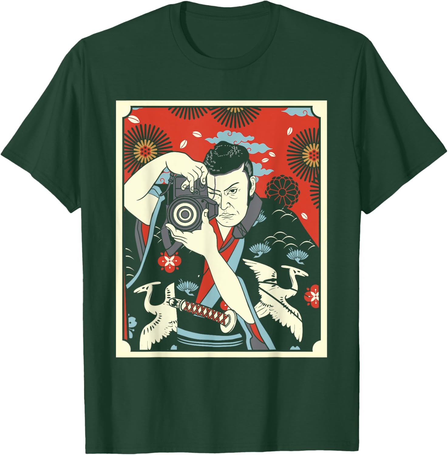 Photographer Japanese Samurai Warrior Armor Sword Mask T-Shirt - T-Shirt | Forest