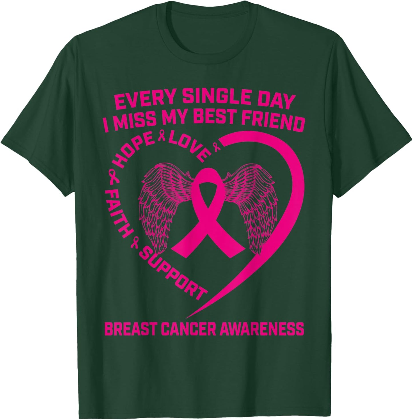 Pink Ribbon Heart Wings Best Friend Breast Cancer Awareness T-Shirt - T-Shirt | Forest