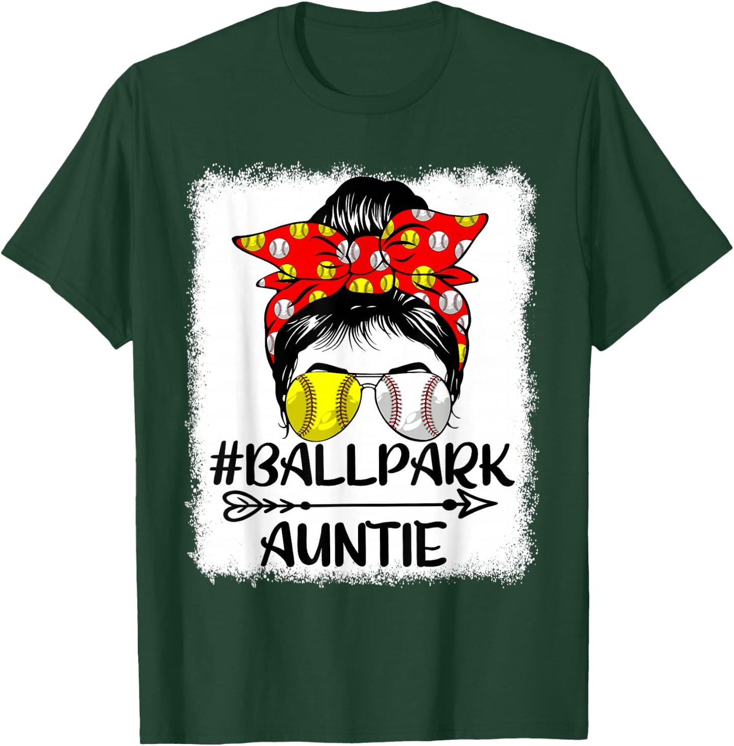 Messy Bun Hair BallPark Auntie Softball Baseball Mothers Day T-Shirt - T-Shirt | Forest
