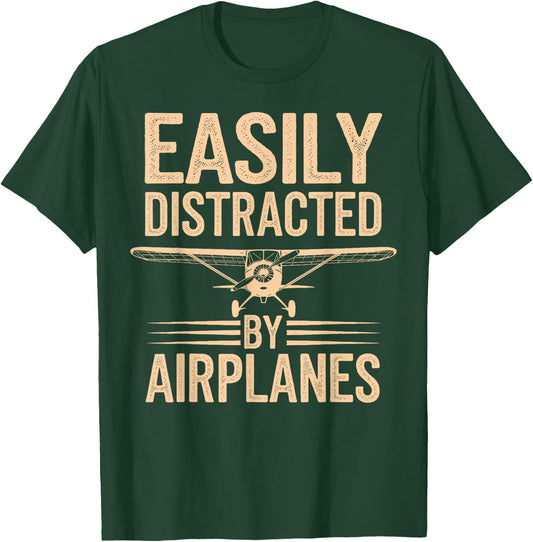 Easily Distracted By Airplanes Funny Pilot T-Shirt - T-Shirt | Forest