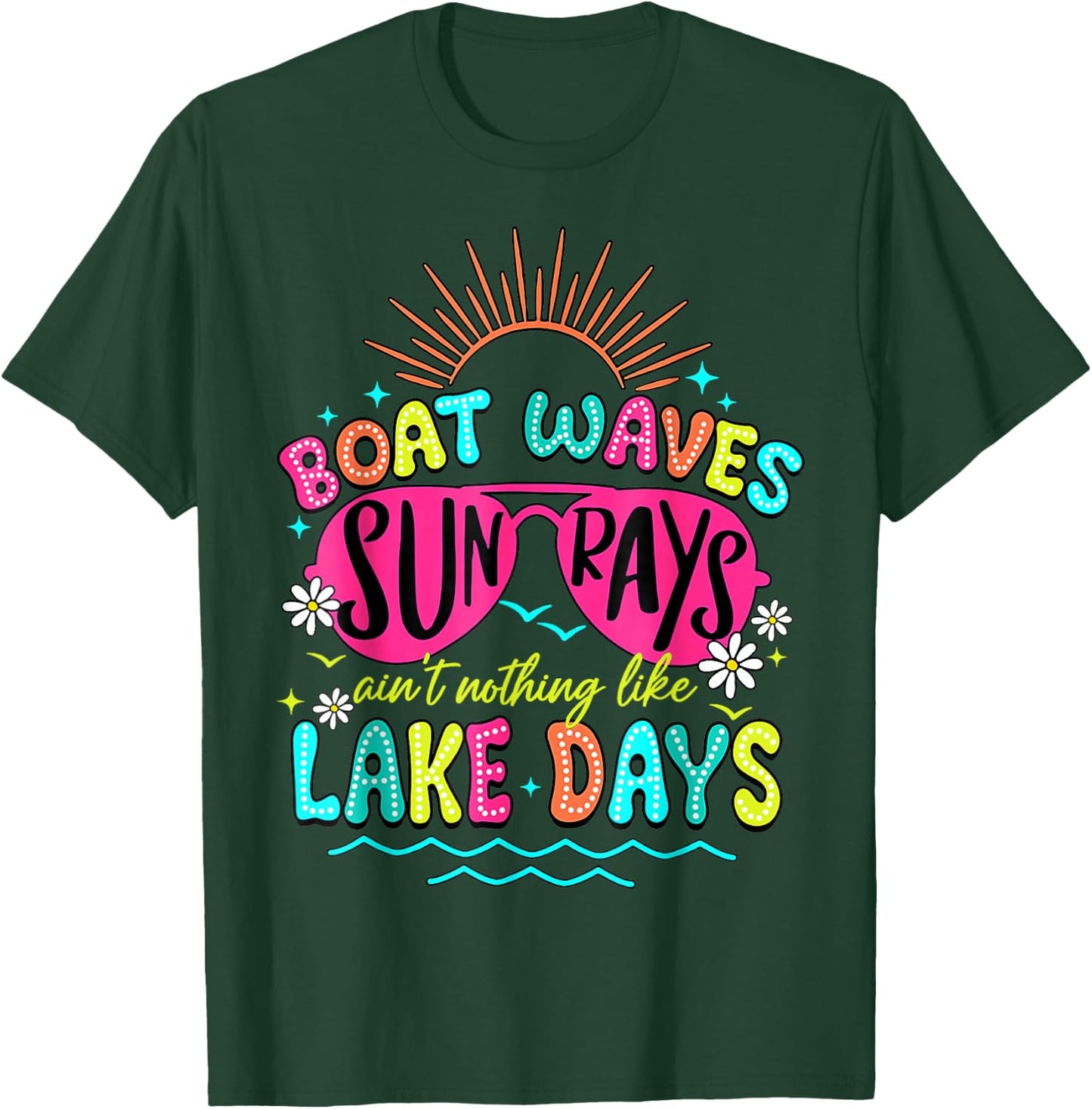 Boat Waves Sun Rays Lake Days Retro Summer Vacation Matching T-Shirt - T-Shirt | Forest
