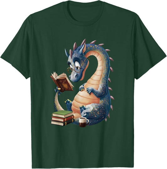 Cute Book Dragon Reading Lover Fantasy Design T-Shirt - T-Shirt | Forest