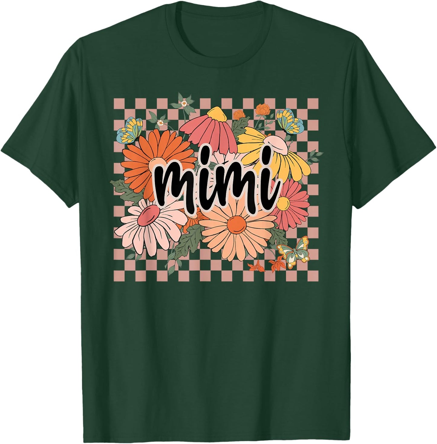 Mimi Floral Mother's Day Wildflower Girl Women Checkered T-Shirt - T-Shirt | Forest