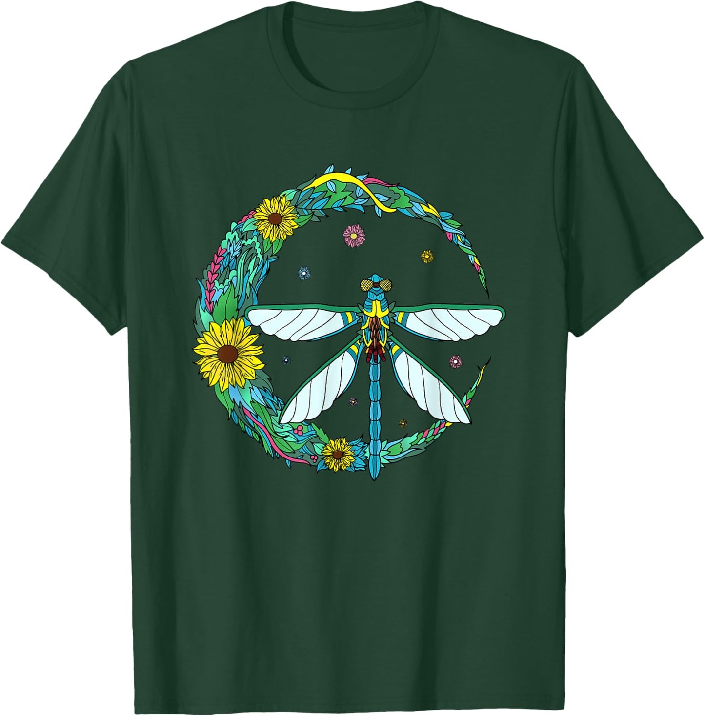 Dragonfly Boho Crescent Moon Peace Sign Hippie Dragonflies T-Shirt - T-Shirt | Forest