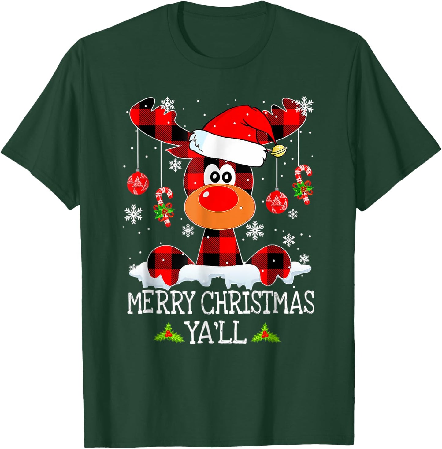 Merry Christmas Ya'll Reindeer Santa Hat Buffalo Red Plaid T-Shirt - T-Shirt | Forest