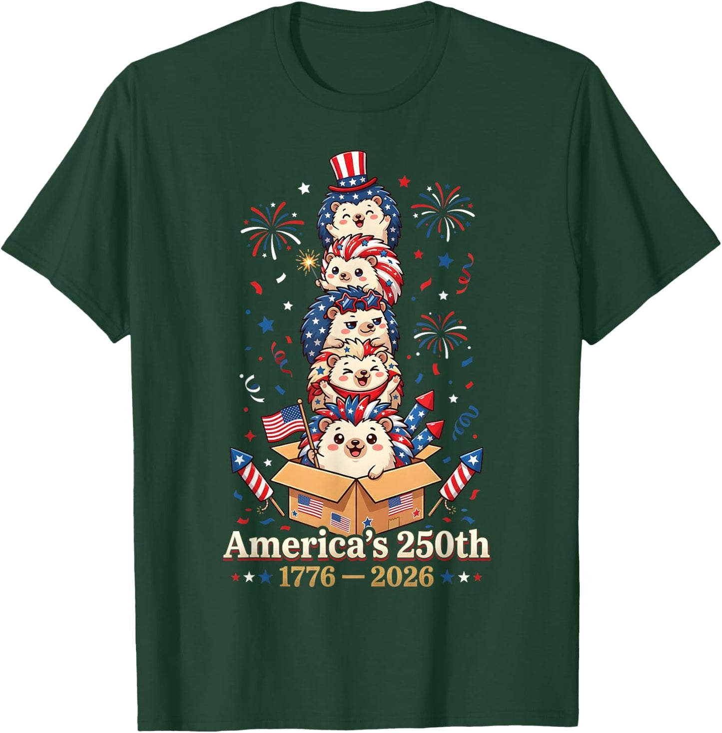 Hedgehog America's 250th Anniversary 1776 2026 4th of July T-Shirt - T-Shirt | Forest