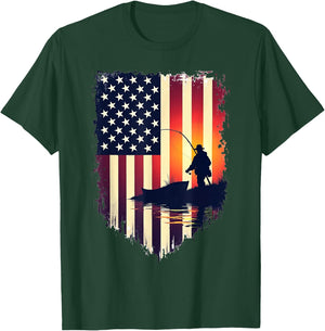 American Flag 4th of July Fish Fisherman Funny Bass Fishing T-Shirt - T-Shirt | Forest