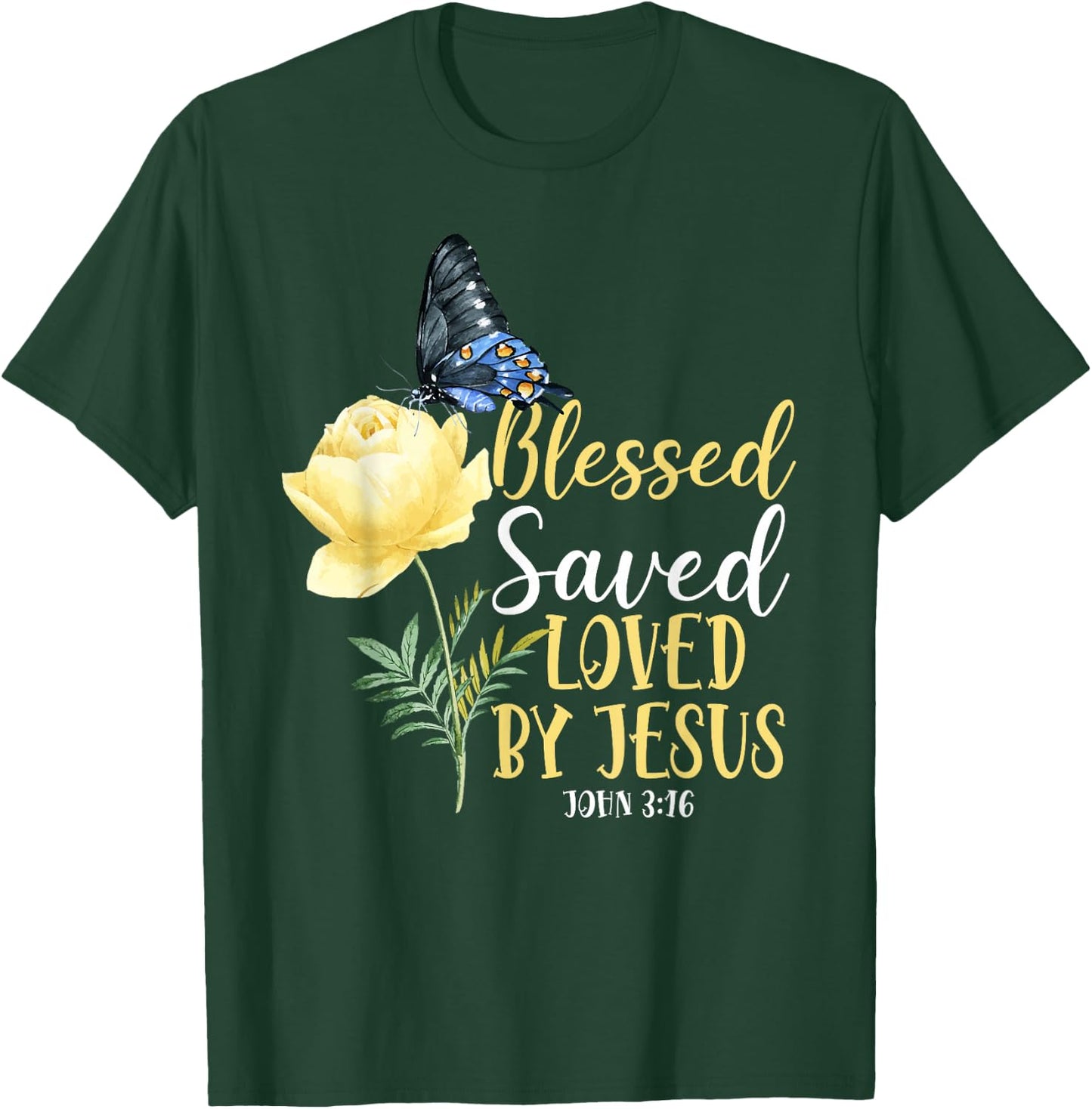 Christian Bible Verse Quote Butterfly Rose Flower John 3:16 T-Shirt - T-Shirt | Forest