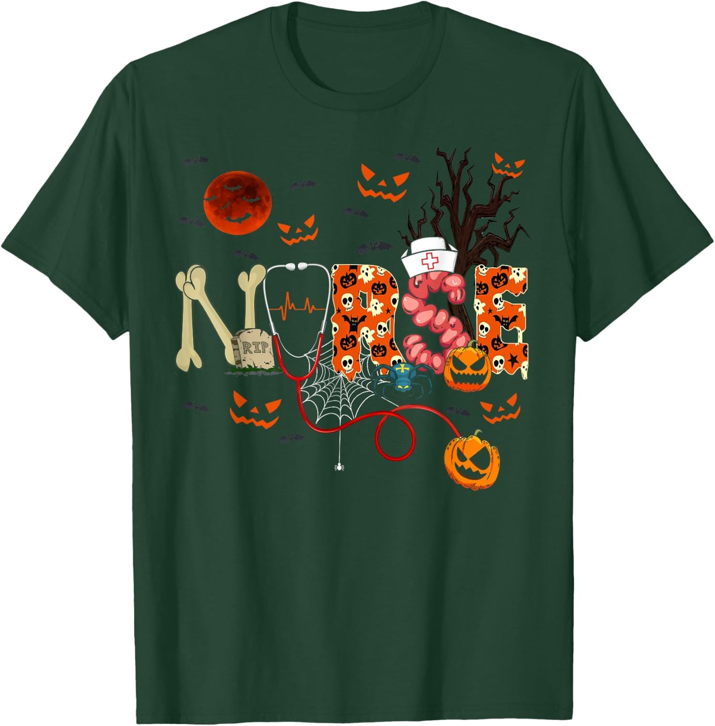 Nurse Funny Stethoscope Nurse Pumpkin Skull Lover Halloween T-Shirt - T-Shirt | Forest