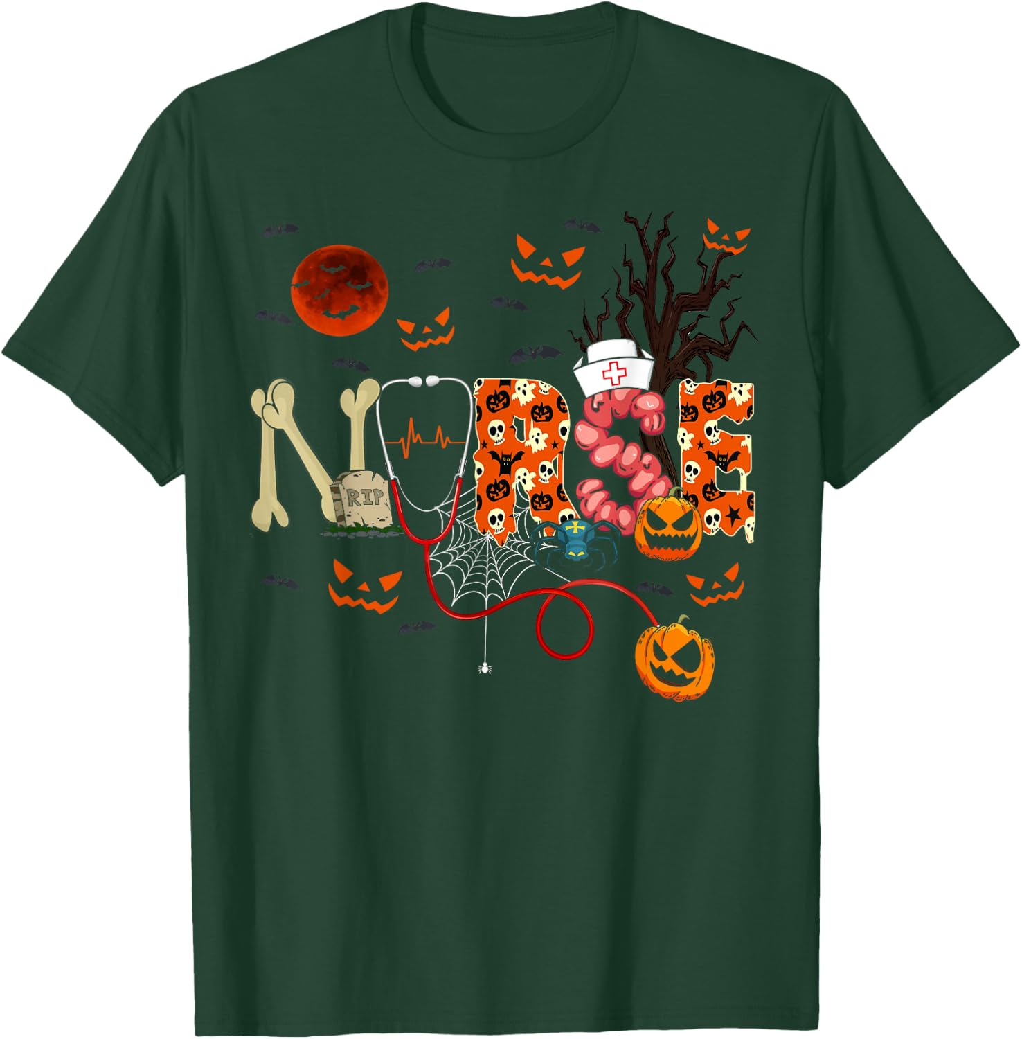 Nurse Funny Stethoscope Nurse Pumpkin Skull Lover Halloween T-Shirt - T-Shirt | Forest
