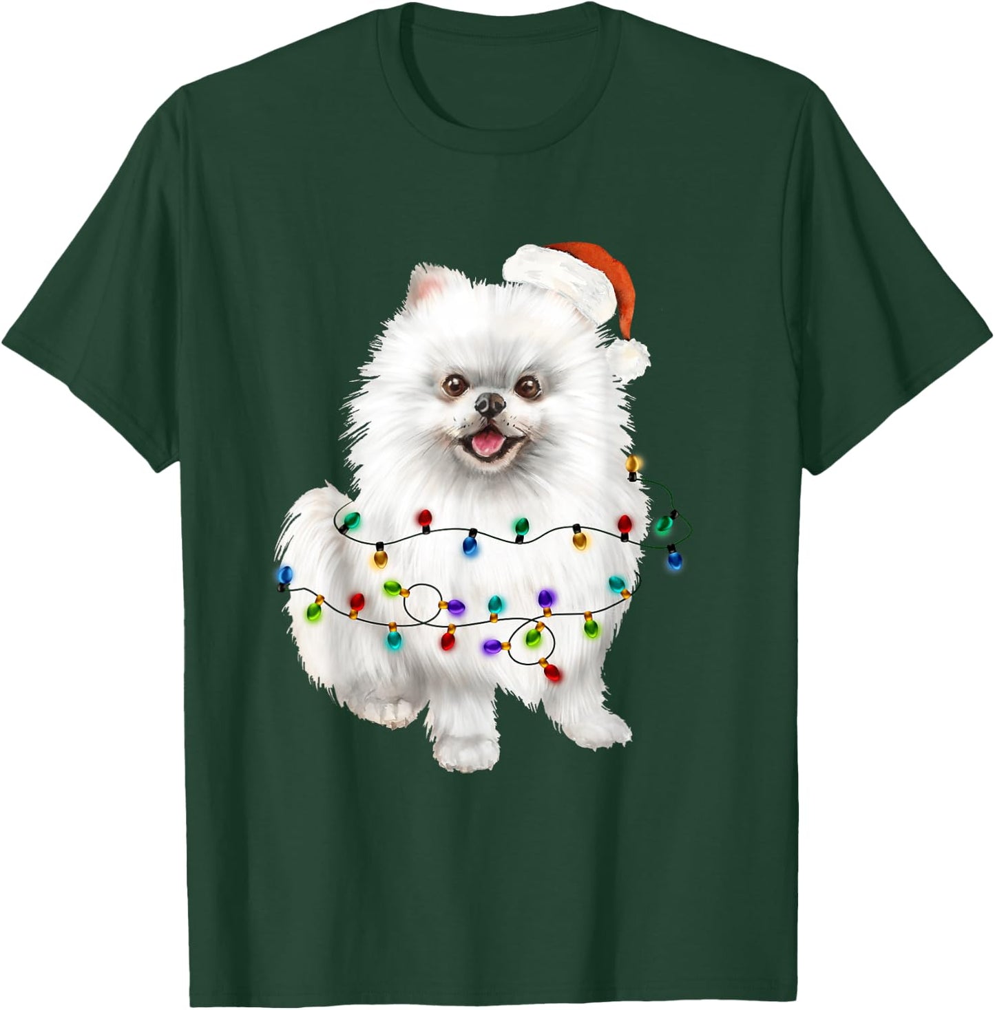 Pomeranian White Santa Christmas Tree Lights Xmas Dog Lover T-Shirt - T-Shirt | Forest