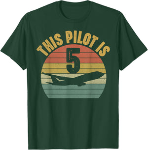 5 Year Old Airplane Pilot 5th Birthday Aviation T-Shirt - T-Shirt | Forest