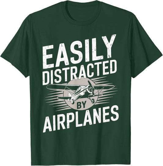 Easily Distracted By Airplanes Funny Pilot T-Shirt - T-Shirt | Forest