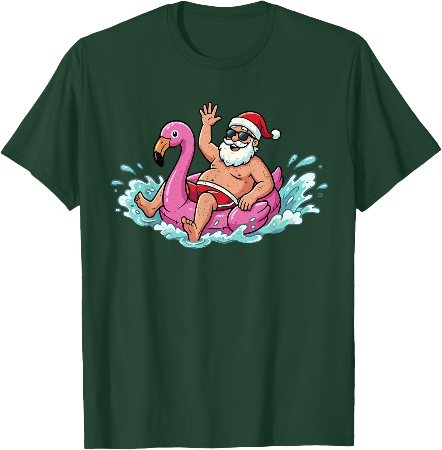 Santa Flamingo Floatie Summer Christmas in July Men Women T-Shirt - T-Shirt | Forest